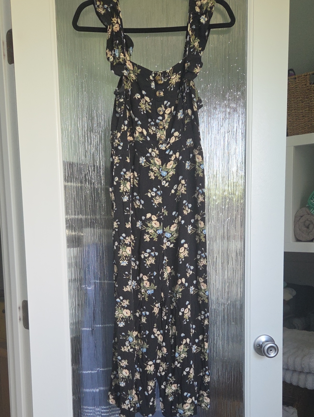 American Eagle Outfitters Black Floral Ruffle-Strap Capri Jumper